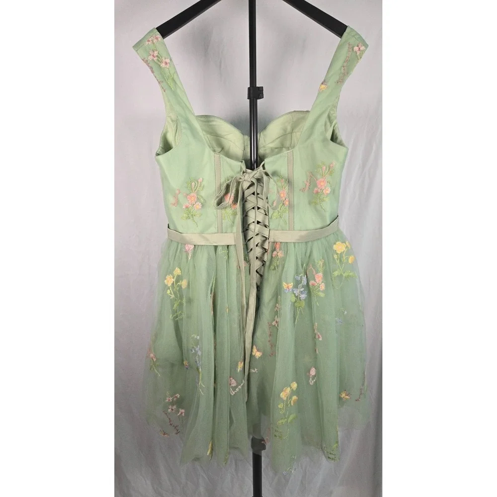 Sage Green Embroidered Floral Tulle Corset Homecoming Dress Size 16 Fairycore